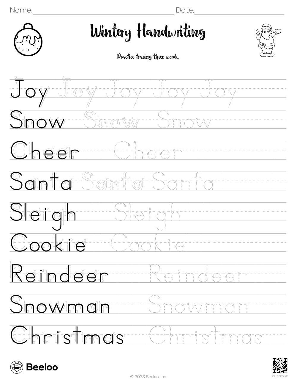 Christmas-Themed Word Tracing Worksheets • Beeloo Printable Crafts for Christmas Handwriting Practice Worksheets
