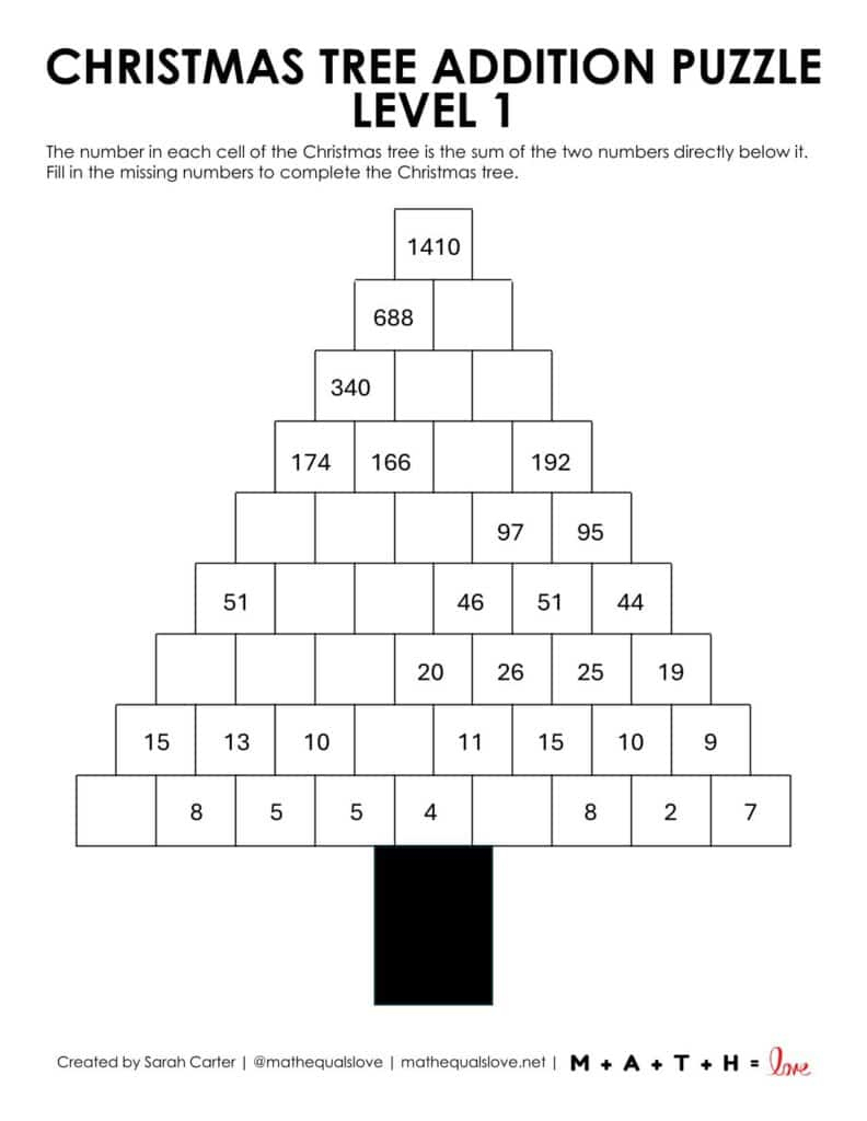 Christmas Tree Addition Puzzle Worksheets [Free Pdf] in Christmas Tree Math Worksheets