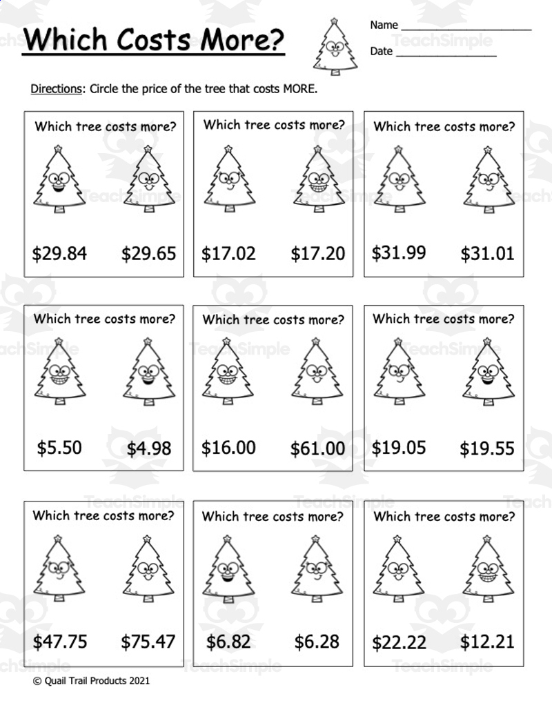 Christmas Tree Money Worksheets for Christmas Money Math Worksheets