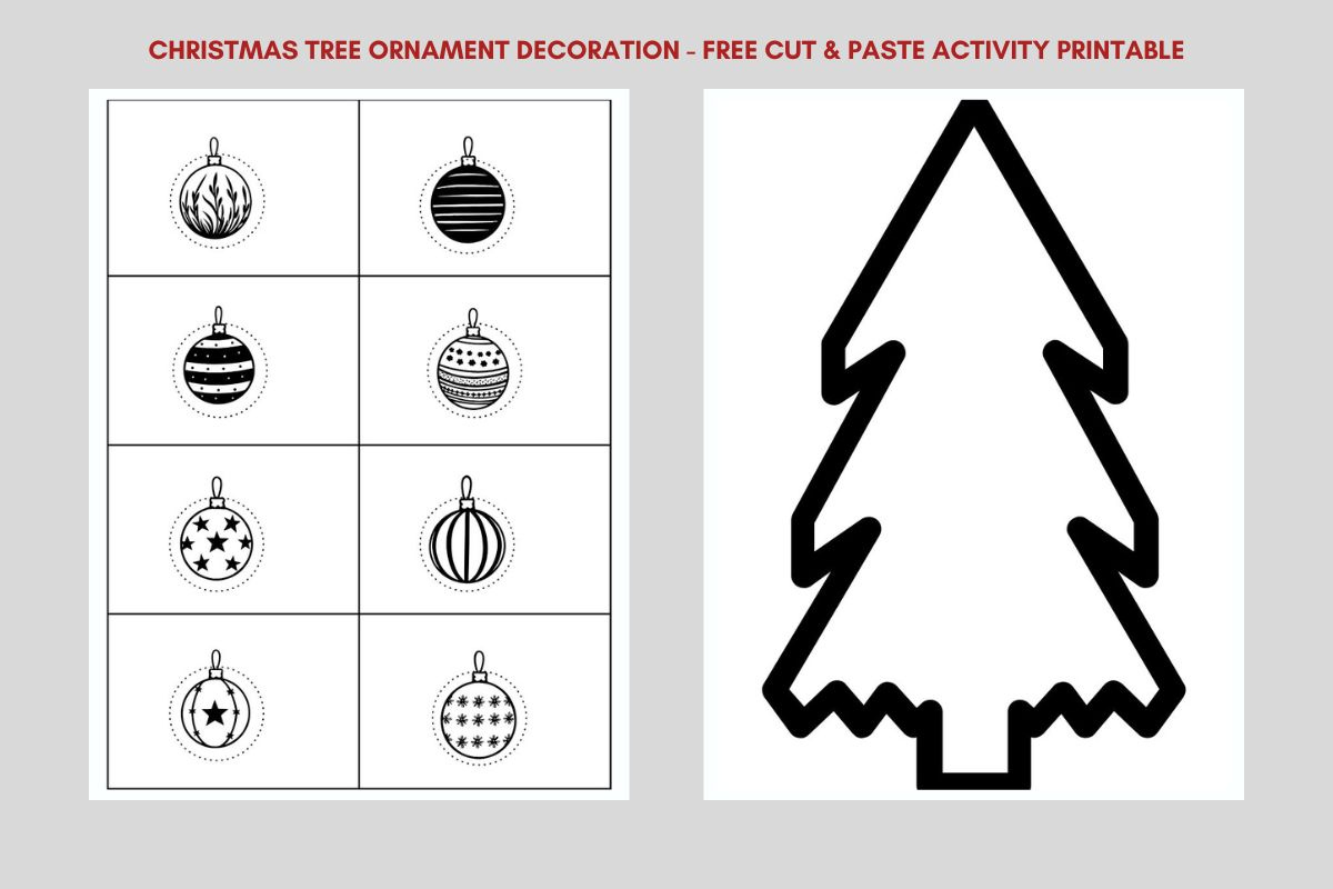 Christmas Tree & Ornaments Color Cut & Paste Free Printable within Free Printable Christmas Cut and Paste Worksheets