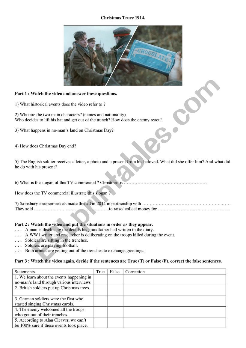 Christmas Truce 1914 - Esl Worksheetvirbrunet in Christmas Truce 1914 Worksheets