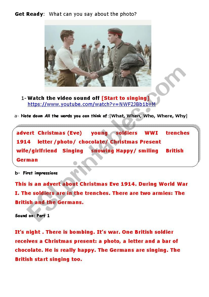 Christmas Truce Advert [1914 Wwi] - Esl Worksheetaurore inside World War 1 Christmas Truce Worksheets Answers