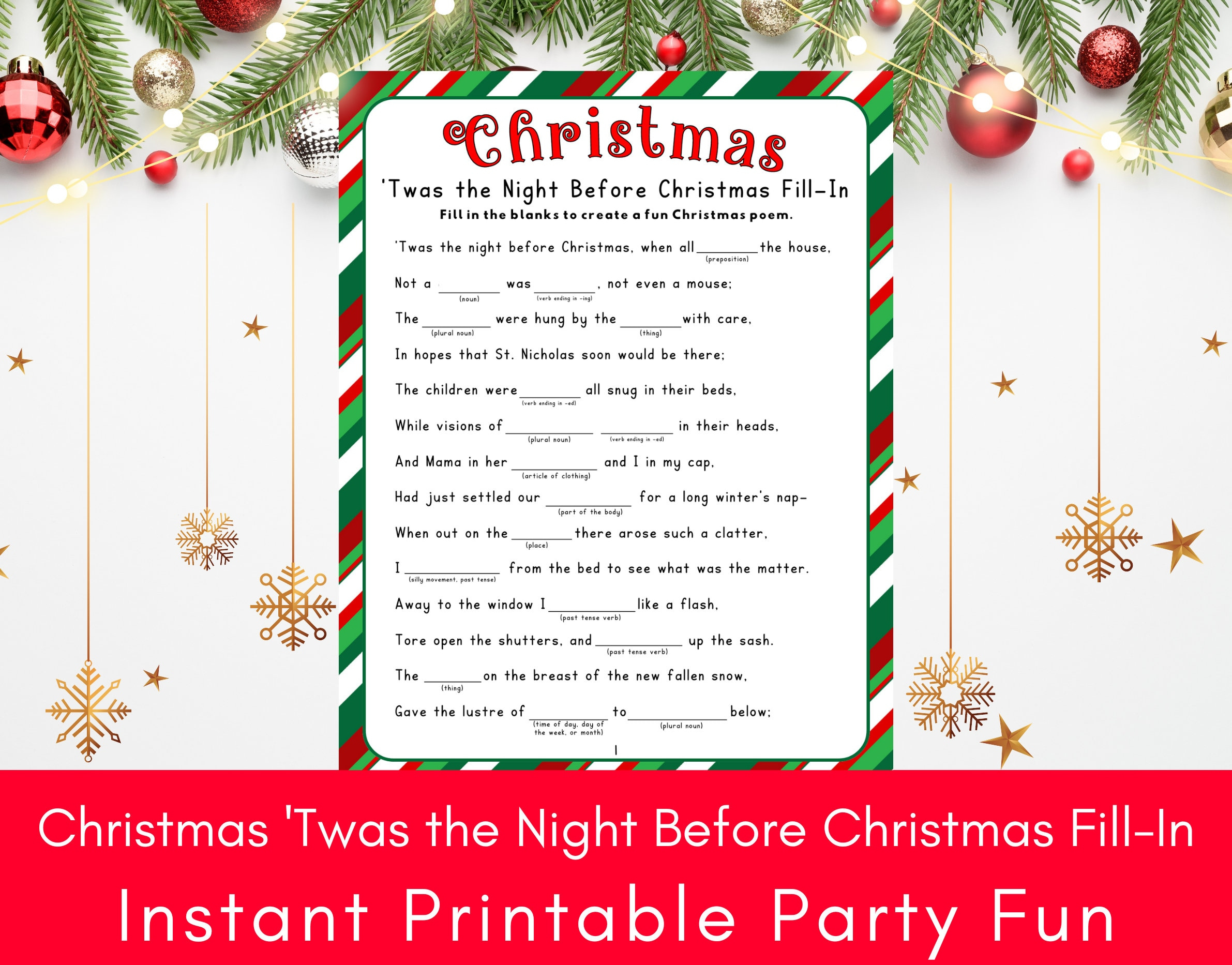 Christmas 'Twas The Night Before Christmas Fill-In, Printable Holiday Funny Word Game, Christmas Word Games within Twas the Night Before Christmas Worksheets