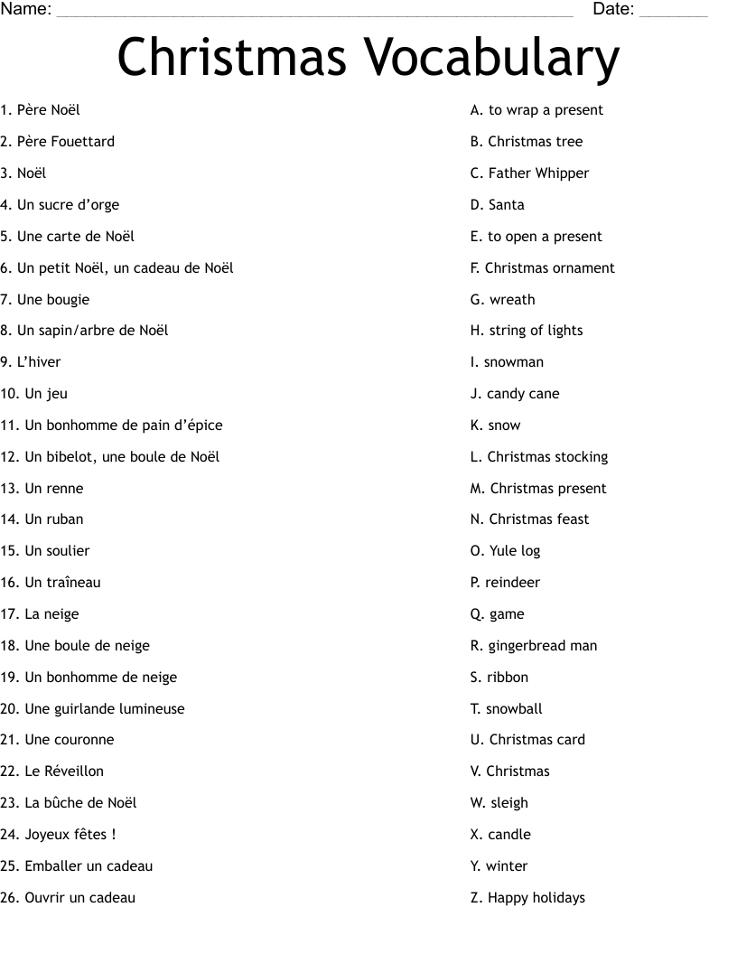 Christmas Vocabulary Worksheet - Wordmint for Christmas French Vocabulary Worksheets