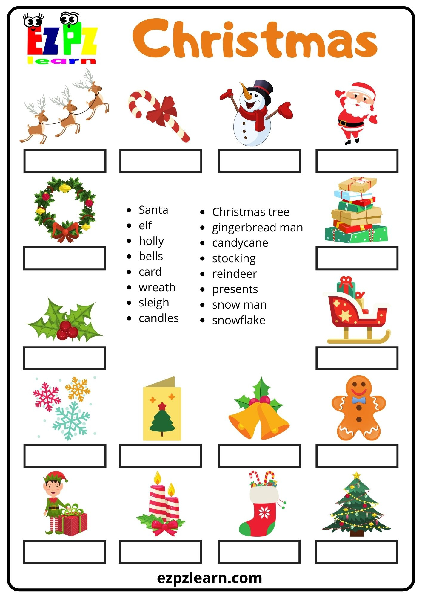 Christmas Word Match - Ezpzlearn for Christmas Match Up Worksheets
