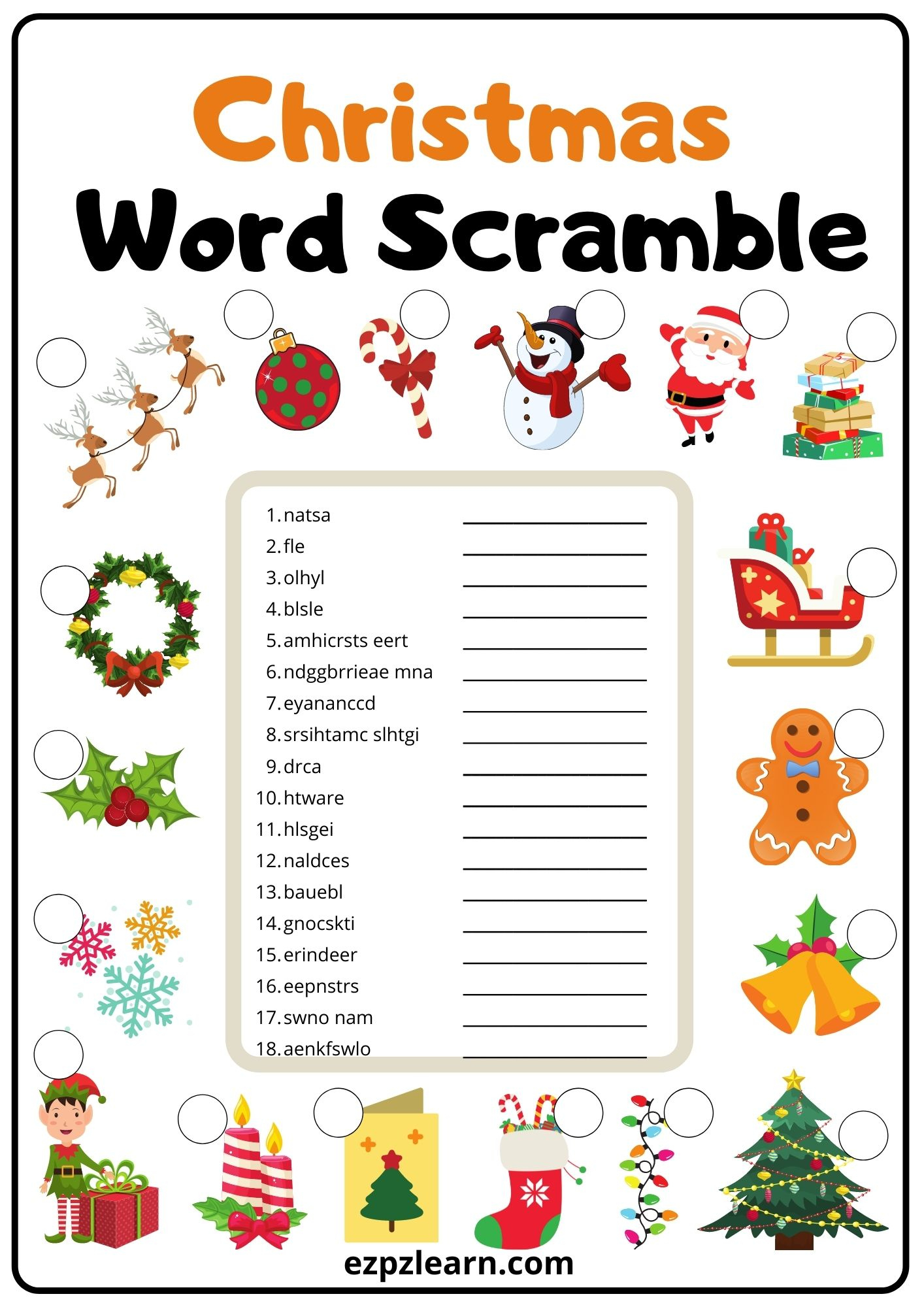 Christmas Word Scramble 2 - Ezpzlearn with Christmas Word Scramble Worksheets