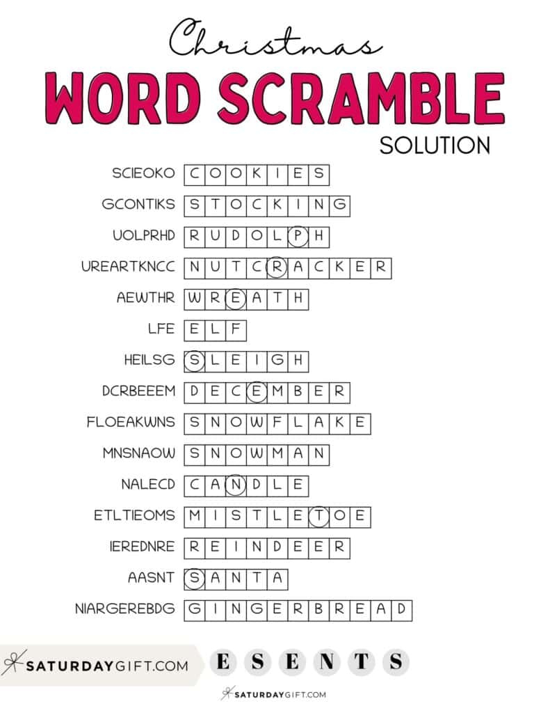 Christmas Word Scramble - Cute & Free Printable | Saturdaygift in Christmas Word Scramble Worksheets Answers