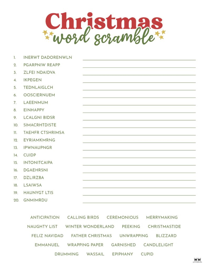 Christmas Word Scrambles - 15 Free Printables | Printabulls with regard to Christmas Unscramble Worksheets For Adults