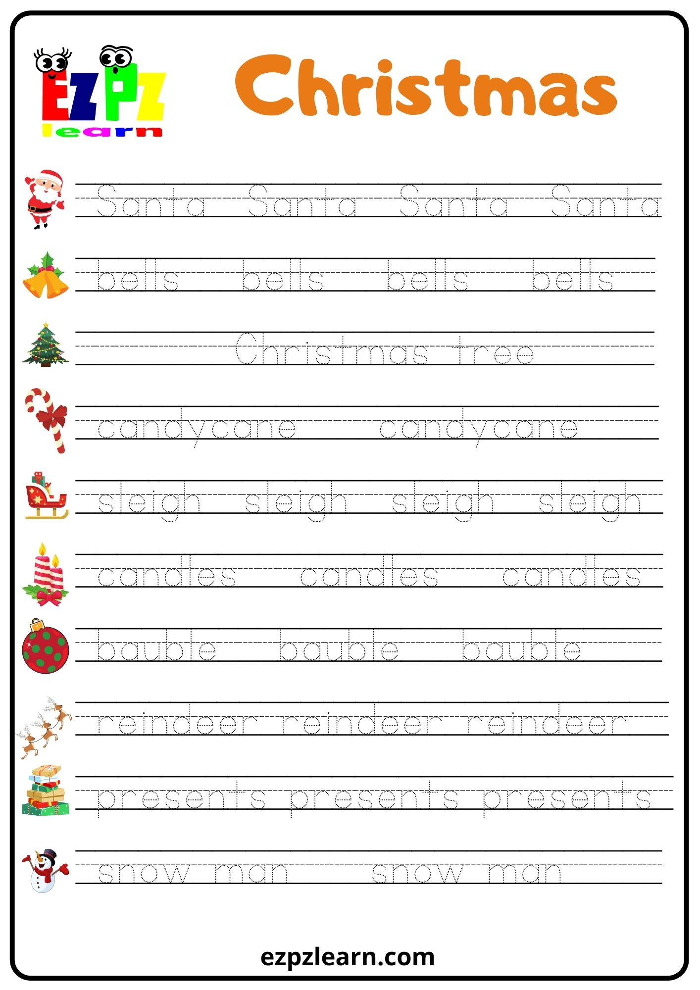 Christmas Word Tracing Worksheet - Ezpzlearn throughout Christmas Words Tracing Worksheets