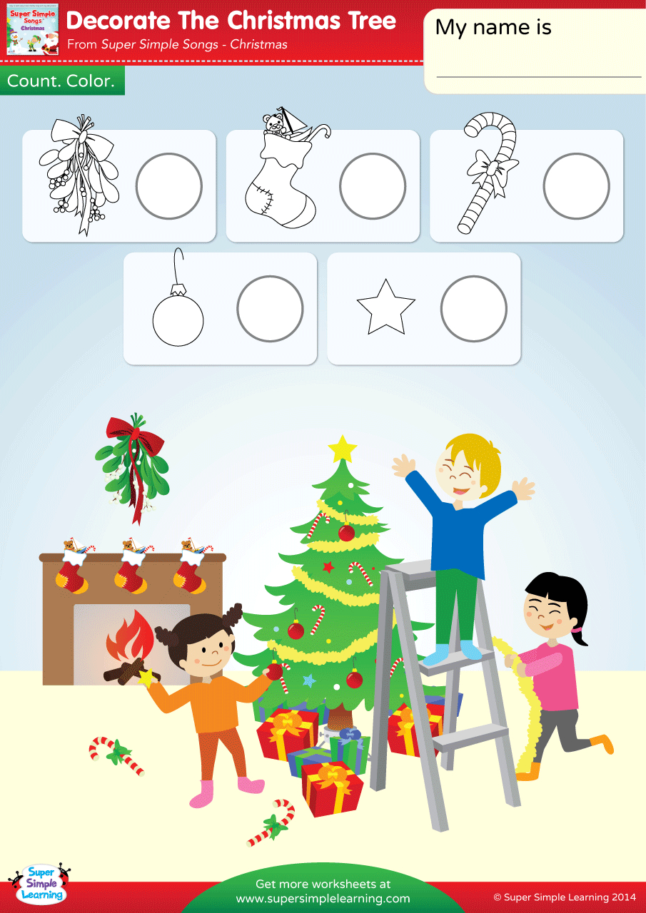 Decorate The Christmas Tree Worksheet - Count & Color - Super Simple intended for Decorate the Christmas Tree Worksheets