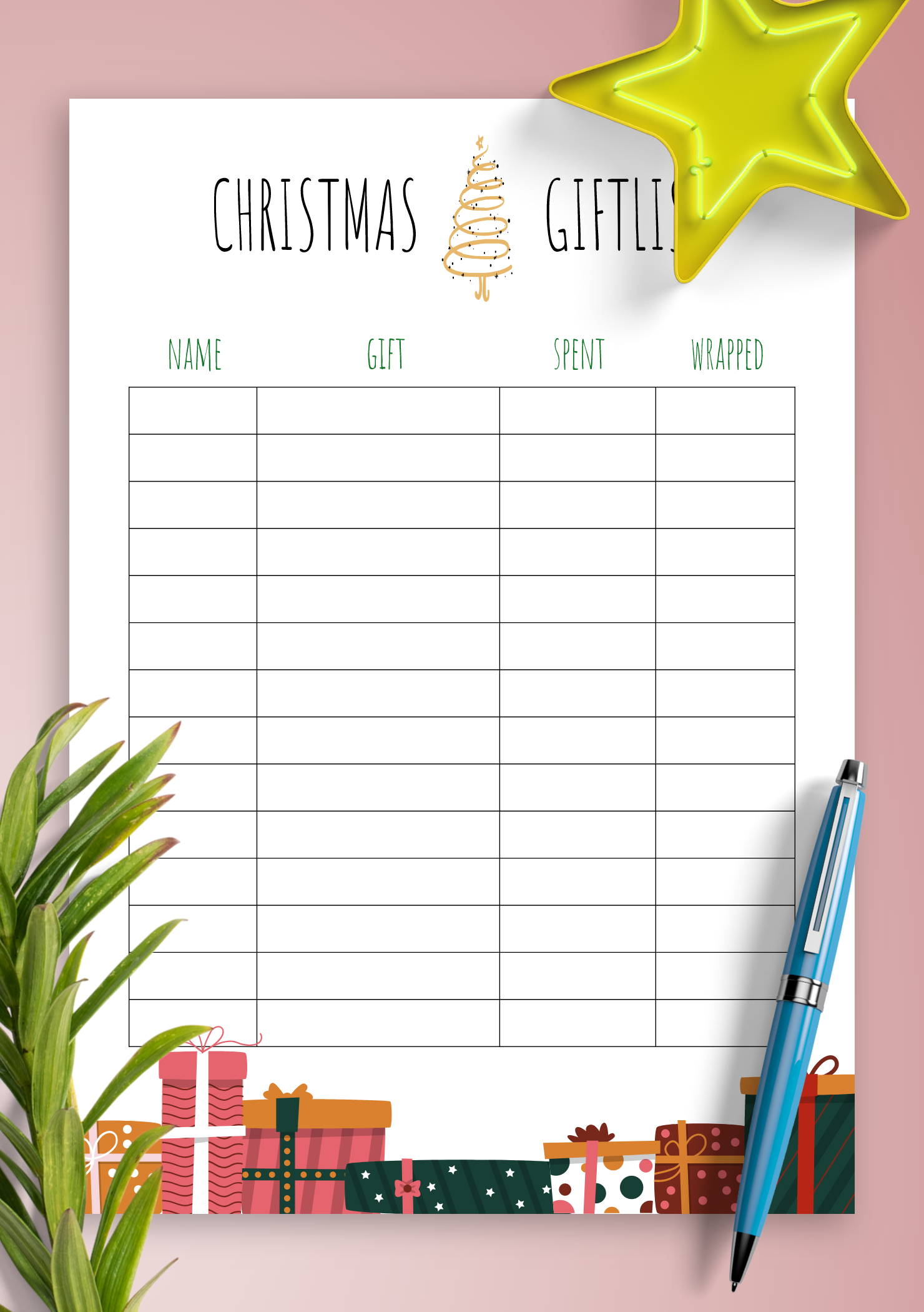 Download Printable Simple Bright Christmas Gift List Pdf regarding Christmas Gift Planning Worksheets