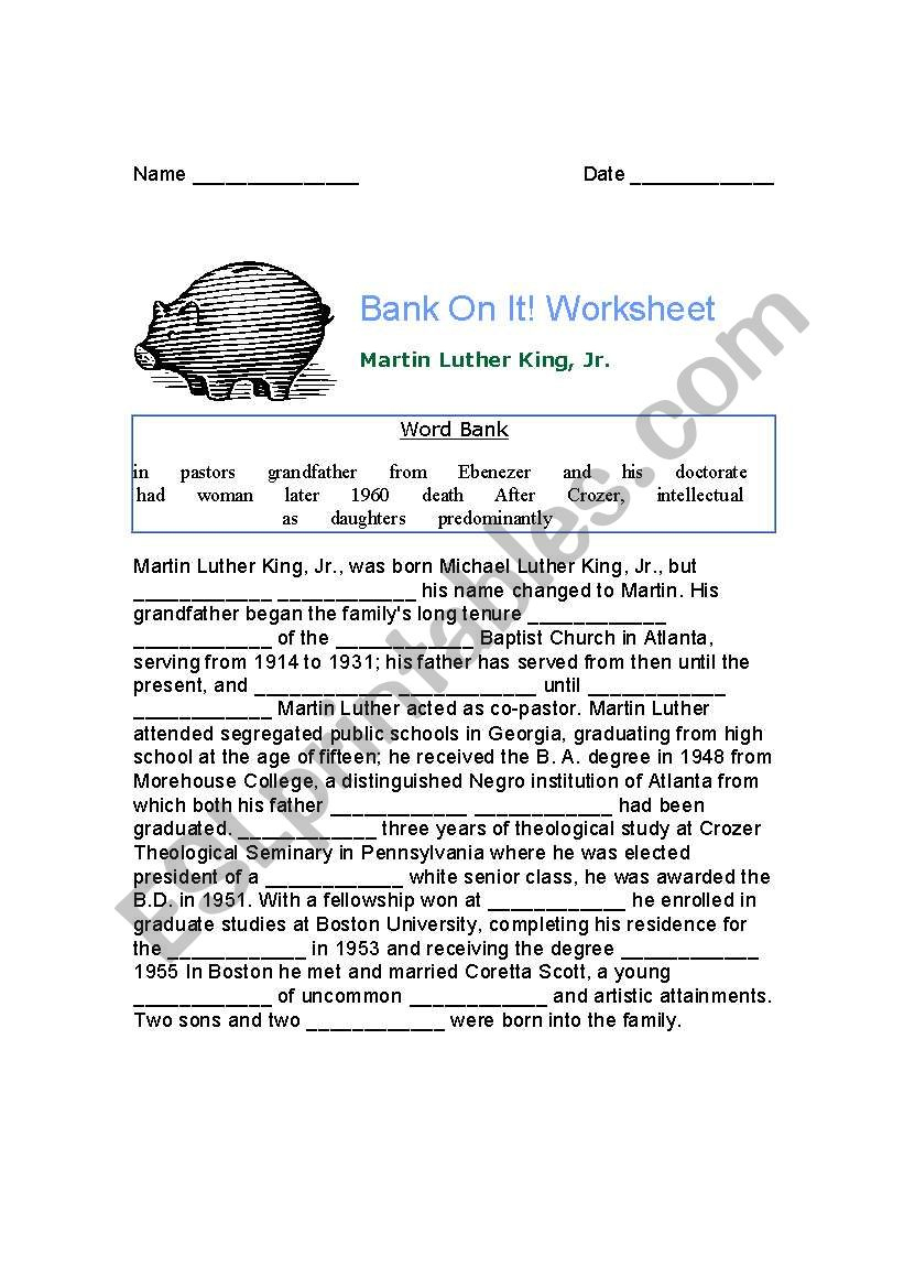 English Worksheets: Mlk Bank On It! with regard to Bank On It Worksheets Christmas Answers