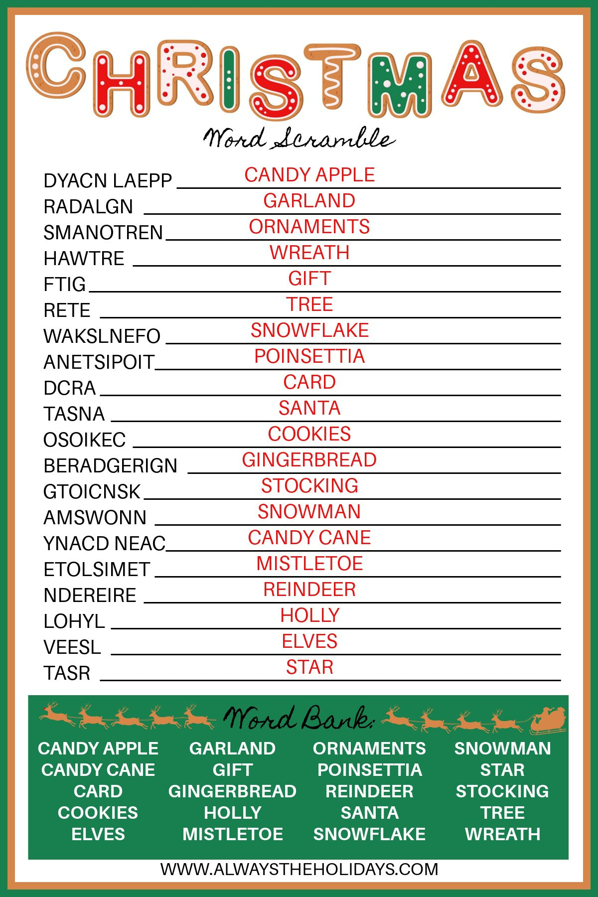 Free Christmas Word Scramble Printable With Answer Key Included with regard to Christmas Word Scramble Worksheets Answers