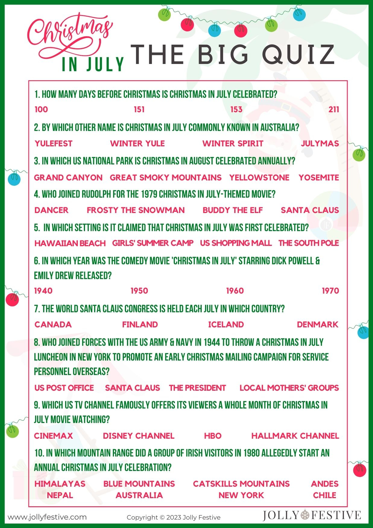 Free Printable Christmas In July Trivia Quiz - Jolly Festive within Christmas In July Worksheets