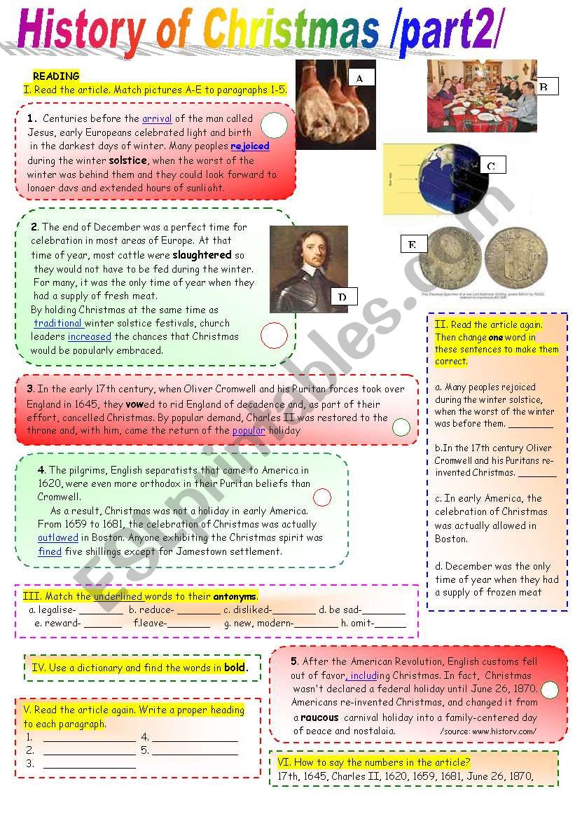 History Of Christmas /Part2/ With Key -Coloured+ Black&White - Esl in History of Christmas Carols Worksheets