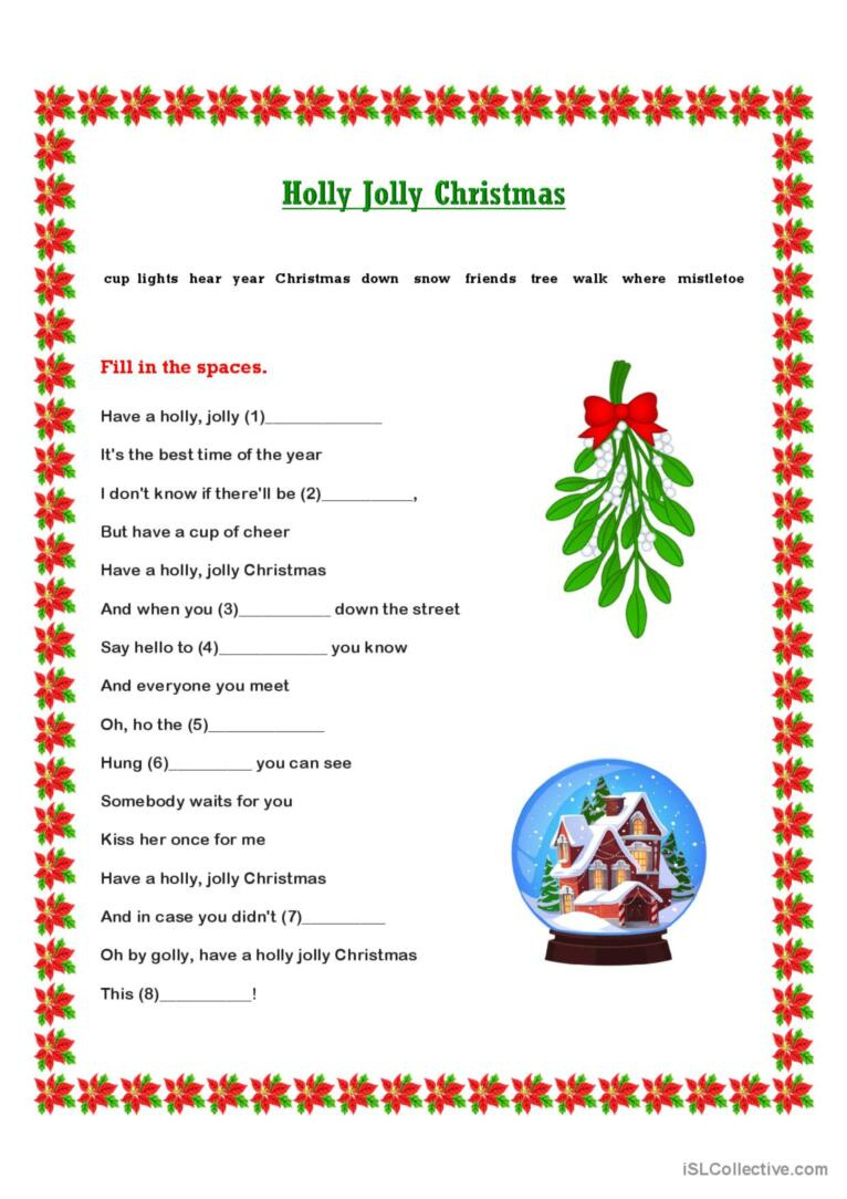 Holiday Christmas Carol Lyric Gap Fi…: English Esl Worksheets Pdf regarding Christmas Song Lyrics Worksheets