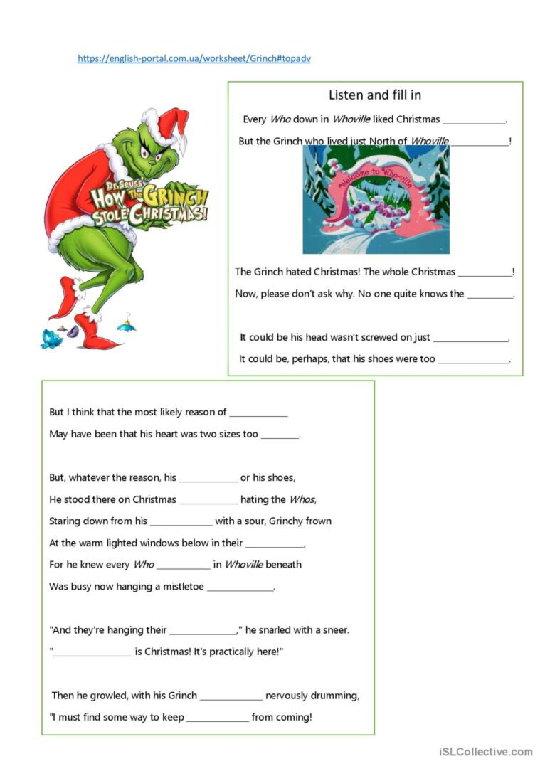 How The Grinch Stole Christmas Liste…: English Esl Worksheets Pdf intended for How The Grinch Stole Christmas Worksheets