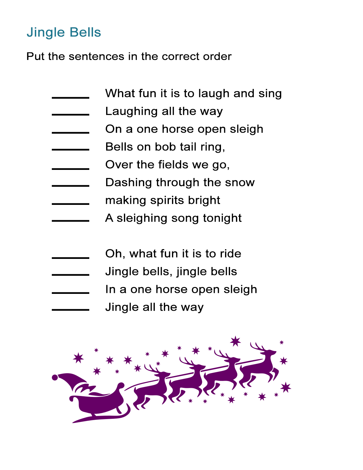 Jingle Bells For Kids Worksheet: Re-Order The Song Lyrics Activity regarding Christmas Songs Worksheets Printable