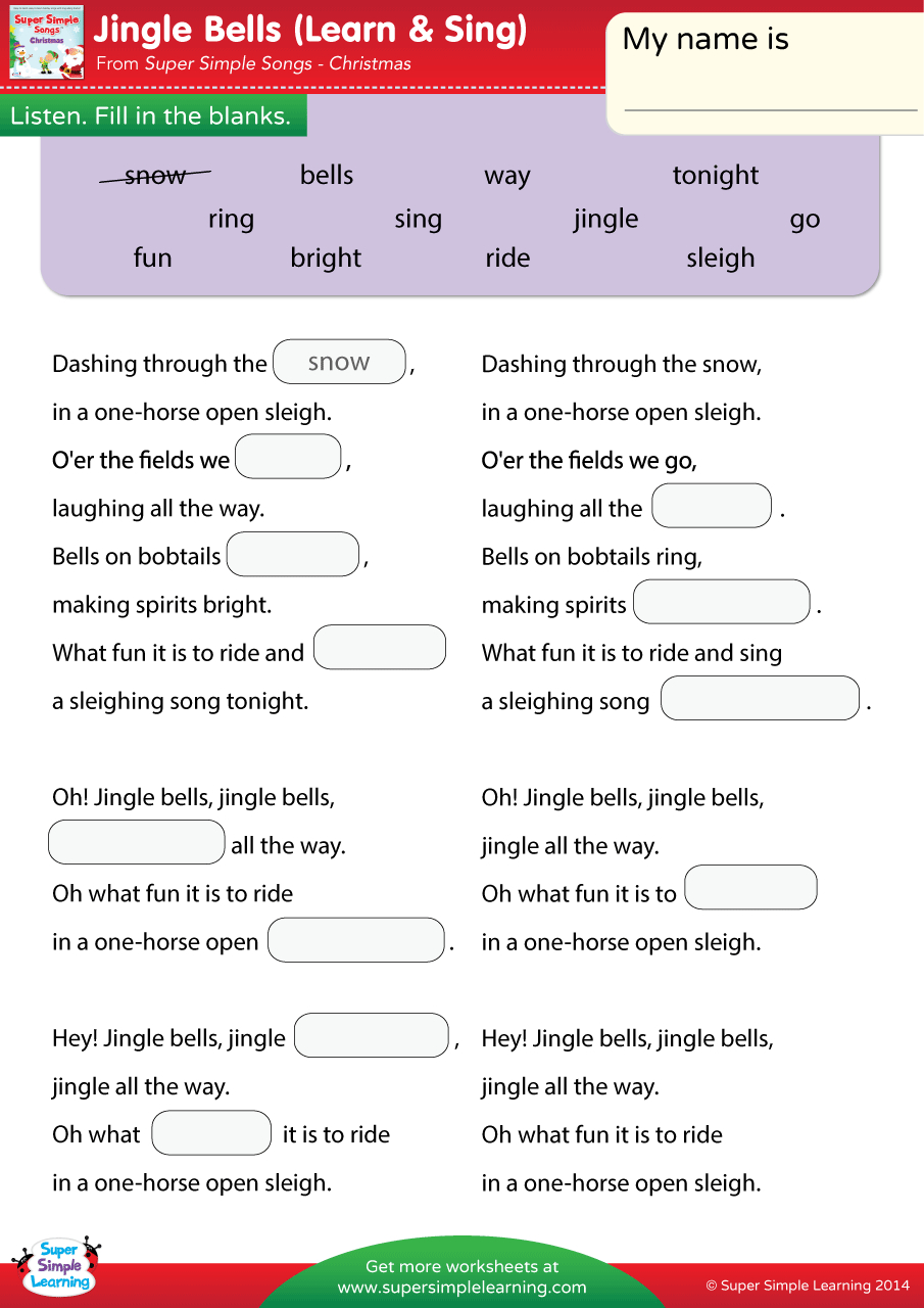 Jingle Bells Worksheet - Fill In The Blanks - Super Simple regarding Christmas Fill in the Blank Worksheets