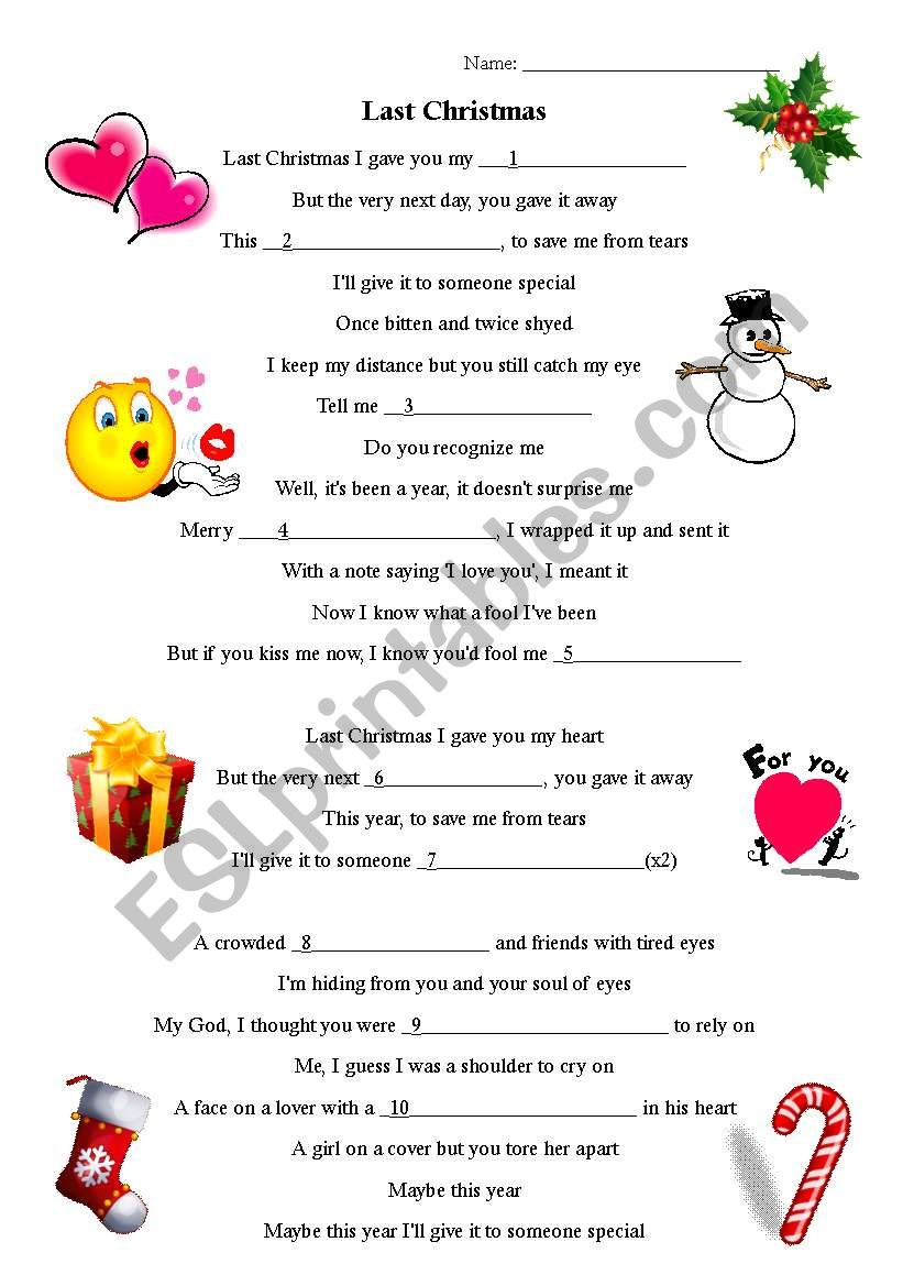 Last Christmas Fill In The Blanks - Esl Worksheetsuterja in Christmas Fill in the Blank Worksheets