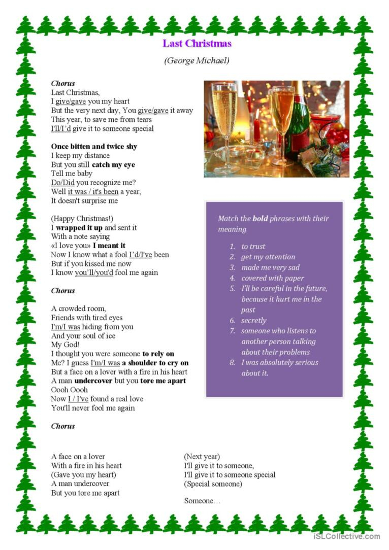Last Christmas - Song Worksheet Son…: English Esl Worksheets Pdf & Doc inside Christmas Songs Activities Worksheets