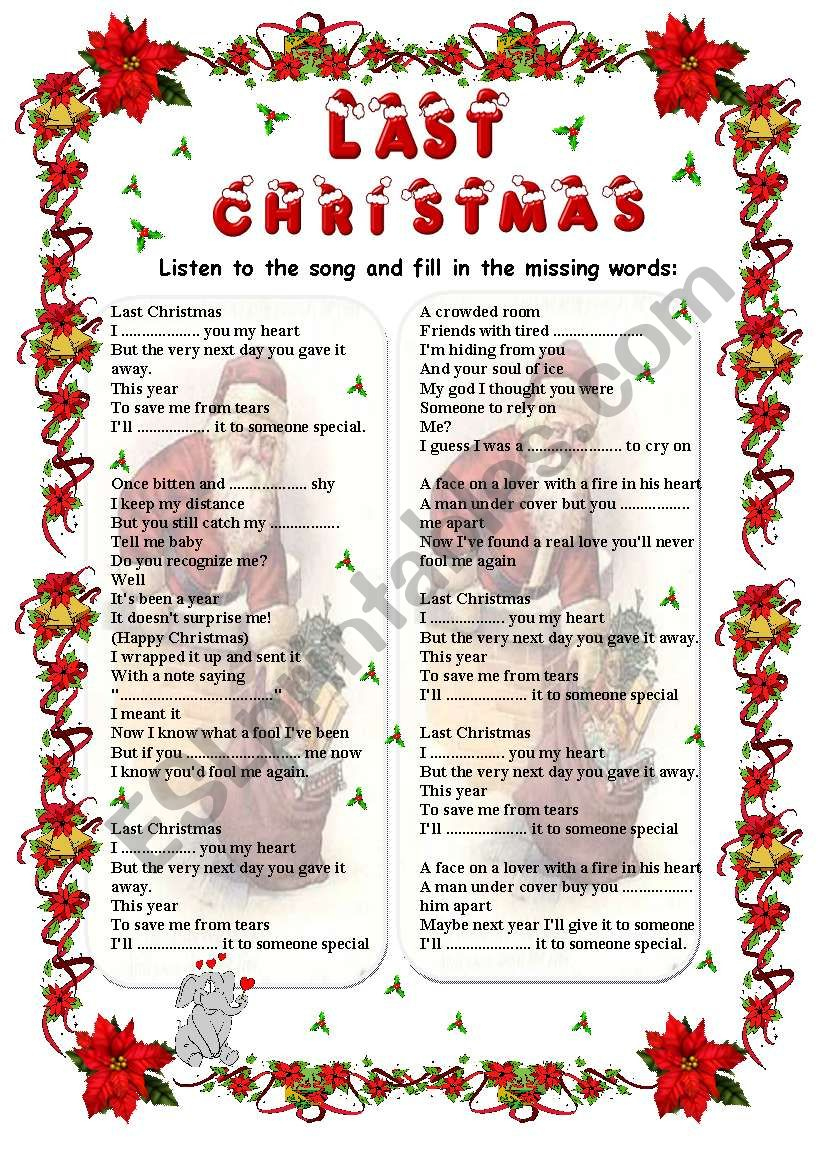 Last Christmas - Wham Song (Fill In) - Esl Worksheetgabitza within Last Christmas Song Worksheets