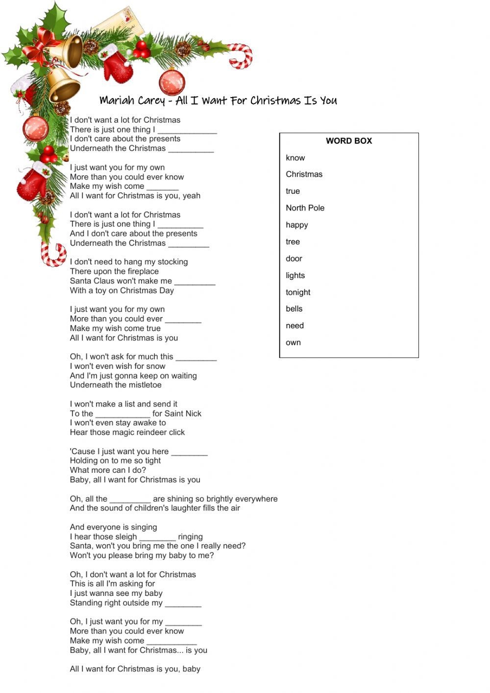 Mariah Carey - All I Want For Christmas Is You Worksheet pertaining to All I Want For Christmas Is You Worksheets