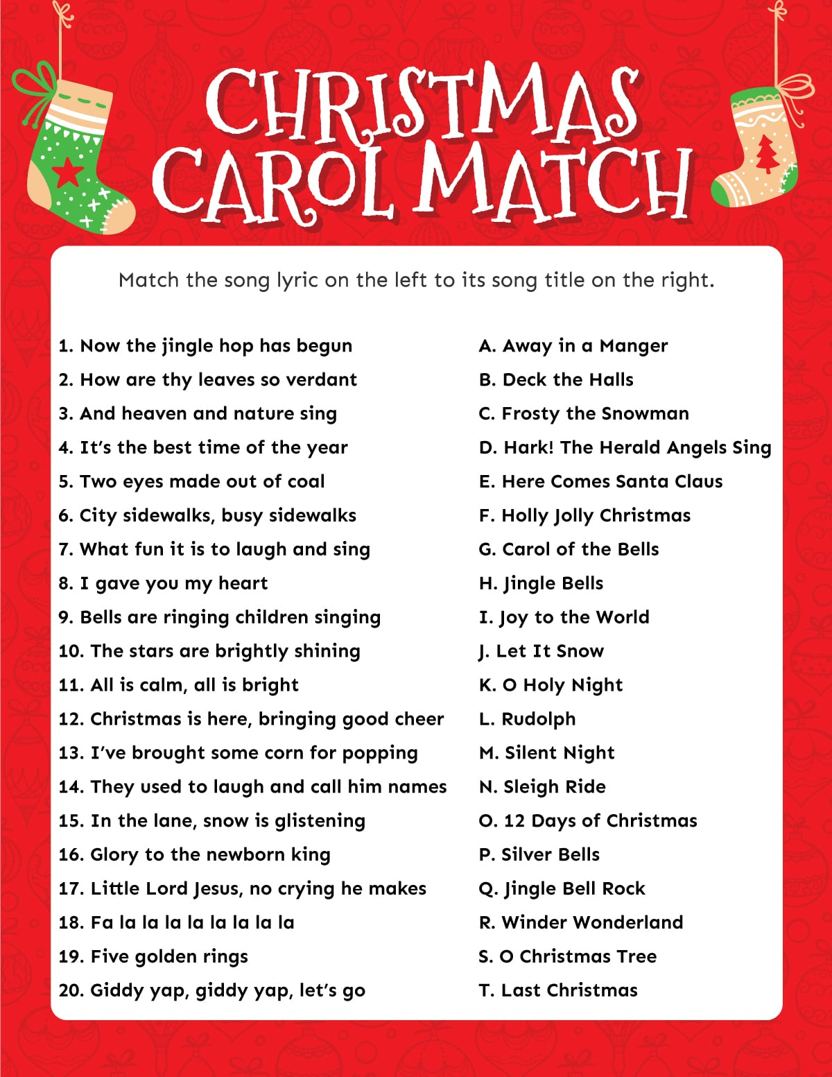 Match The Christmas Carol Game (Free Printable!) - Play Party Plan within First Letter of Christmas Carols Worksheets