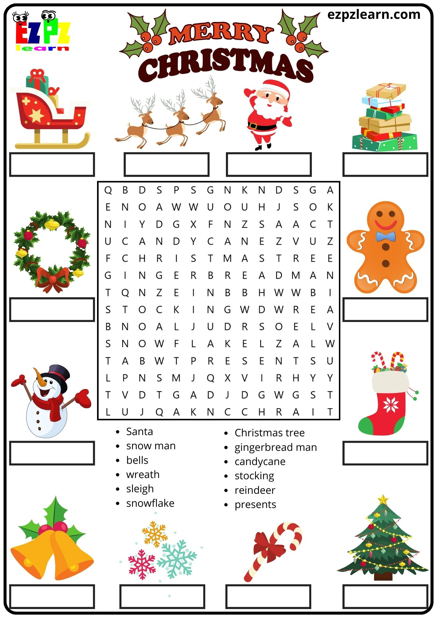 Merry Christmas Vocabulary Word Search And Match The Words regarding K5 Learning Christmas Worksheets
