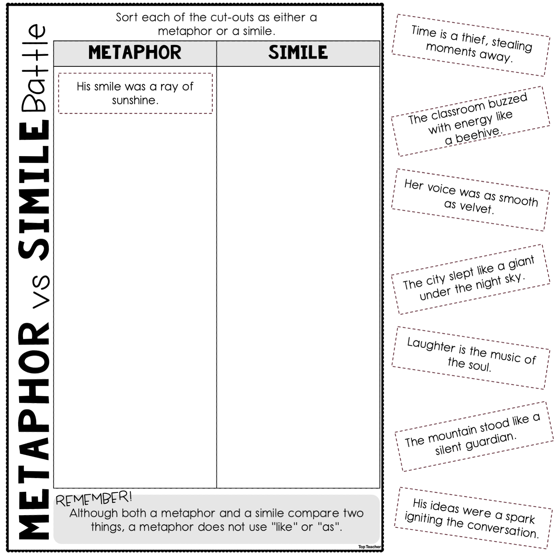 Metaphor Vs Simile Battle Sort Worksheet - Top Teacher throughout Christmas Similes and Metaphors Worksheets