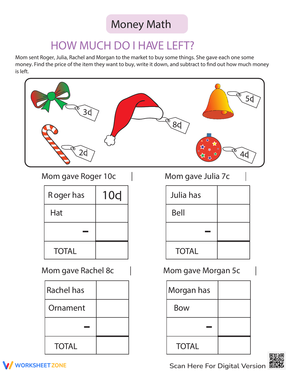 Money Math Problems: Cents Focus Worksheet with regard to Christmas Money Math Worksheets