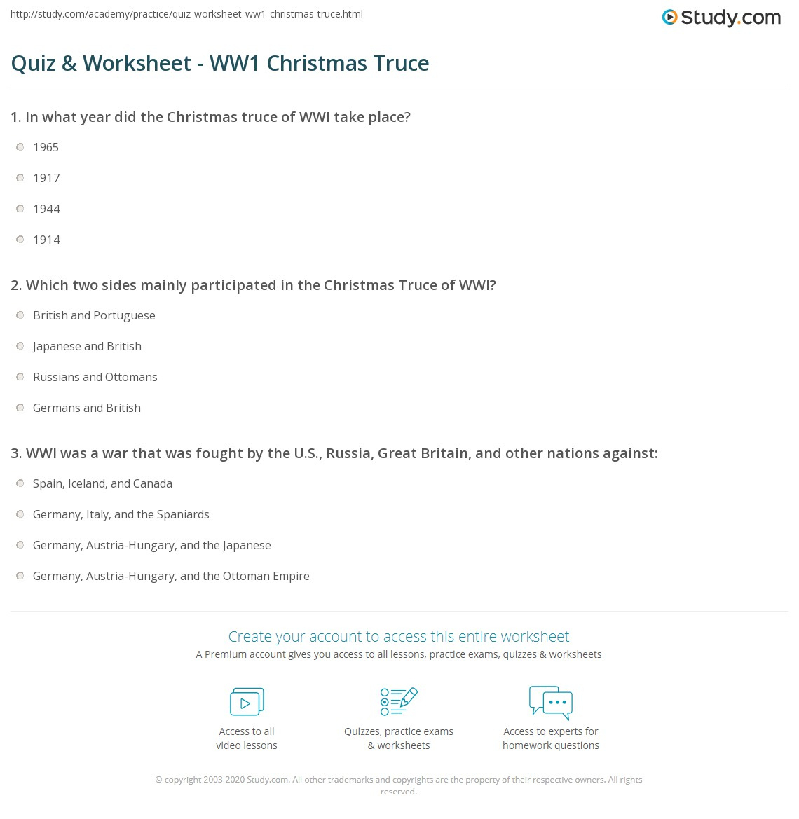 Quiz &amp;amp; Worksheet - Ww1 Christmas Truce | Study regarding The World War 1 Christmas Truce Worksheets Answer Key