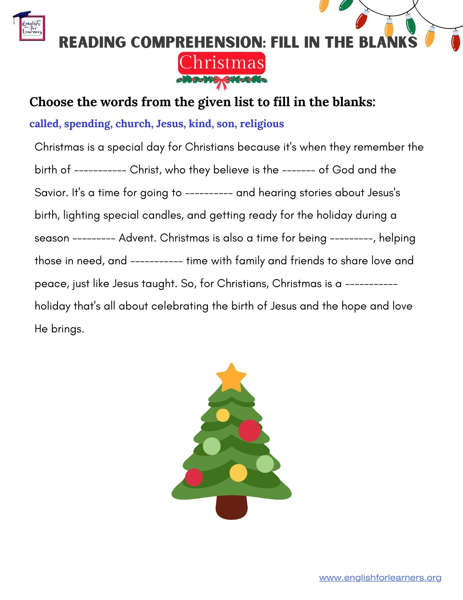 Reading Comprehension Christmas Fill In The Blanks - regarding Christmas Story Reading Comprehension Worksheets
