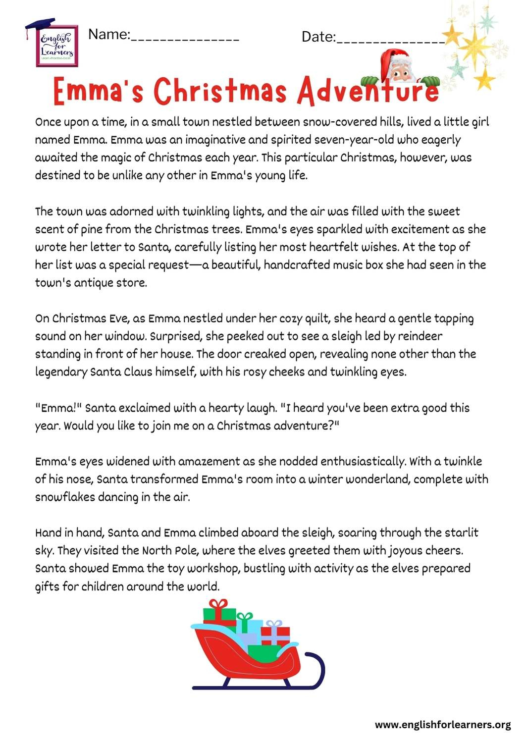 Reading Comprehension Christmas Story: Emma'S Christmas Adventure - for Free Printable Christmas Reading Comprehension Worksheets