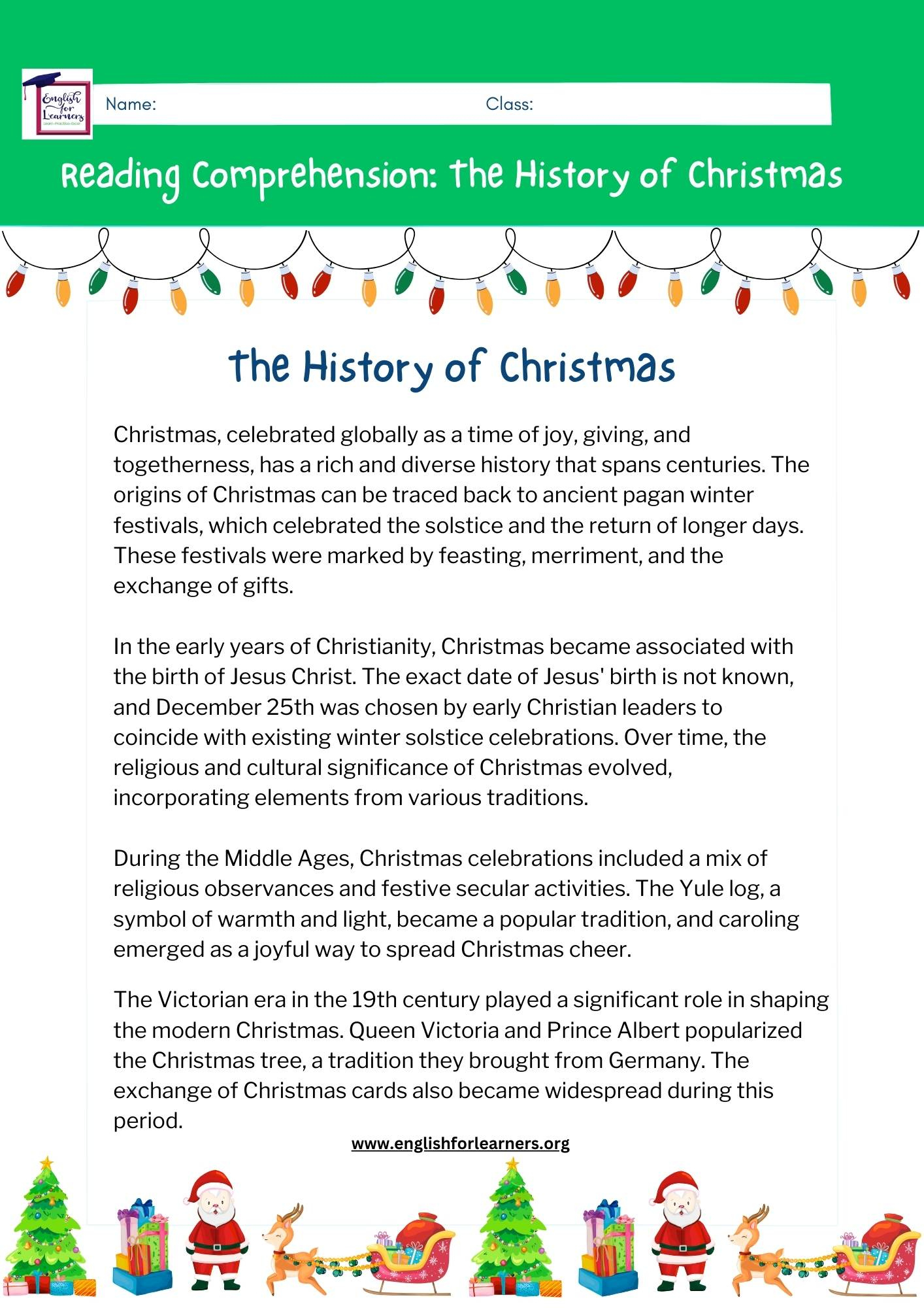 Reading Comprehension The History Of Christmas - intended for The History Of Christmas Worksheets