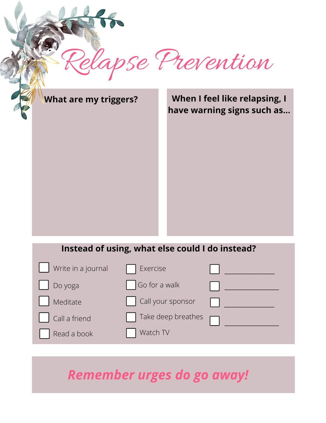 Relapse Prevention Plan Printable - Etsy within Christmas Relapse Prevention Worksheets