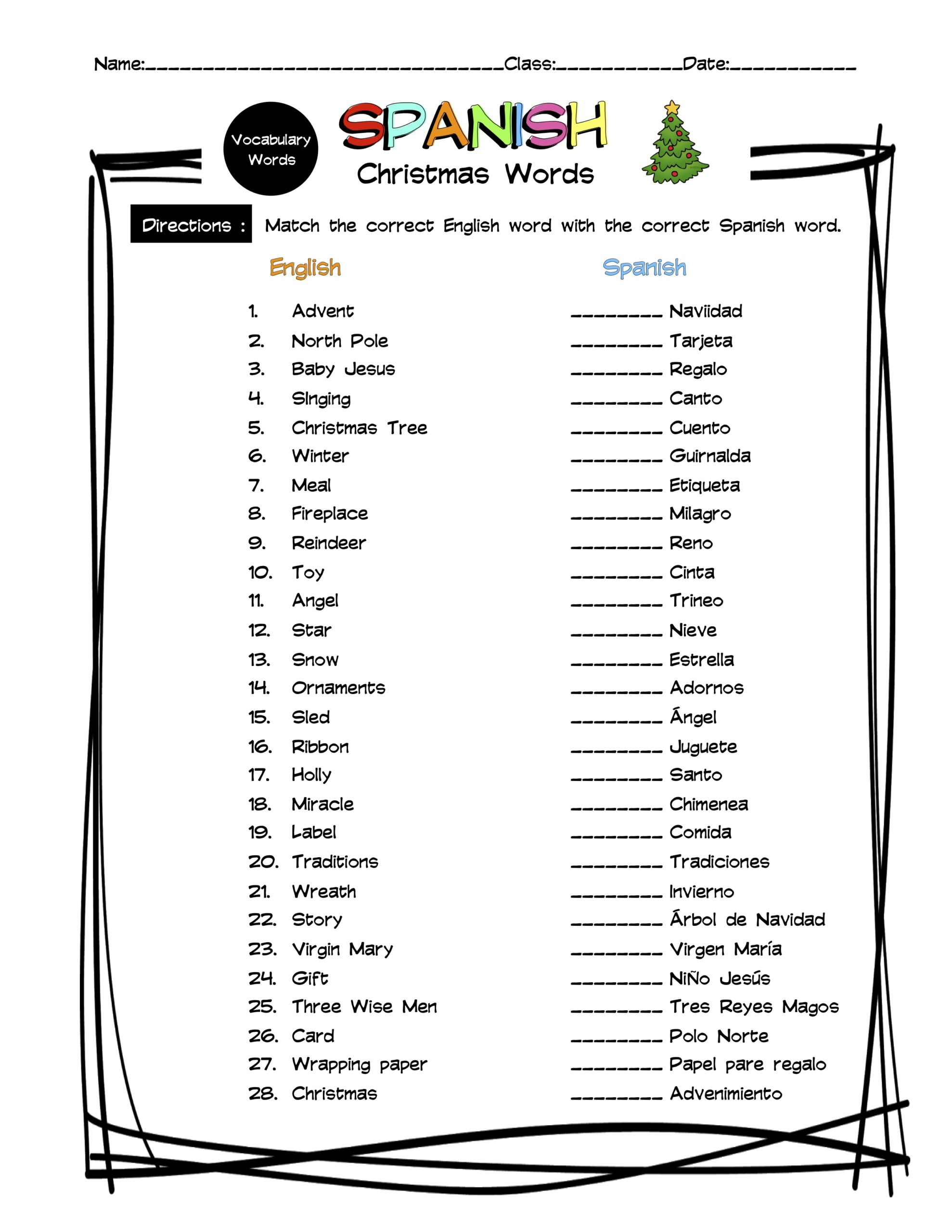 Spanish Christmas Vocabulary Matching Worksheet & Answer Key with regard to Spanish Christmas Vocabulary Worksheets