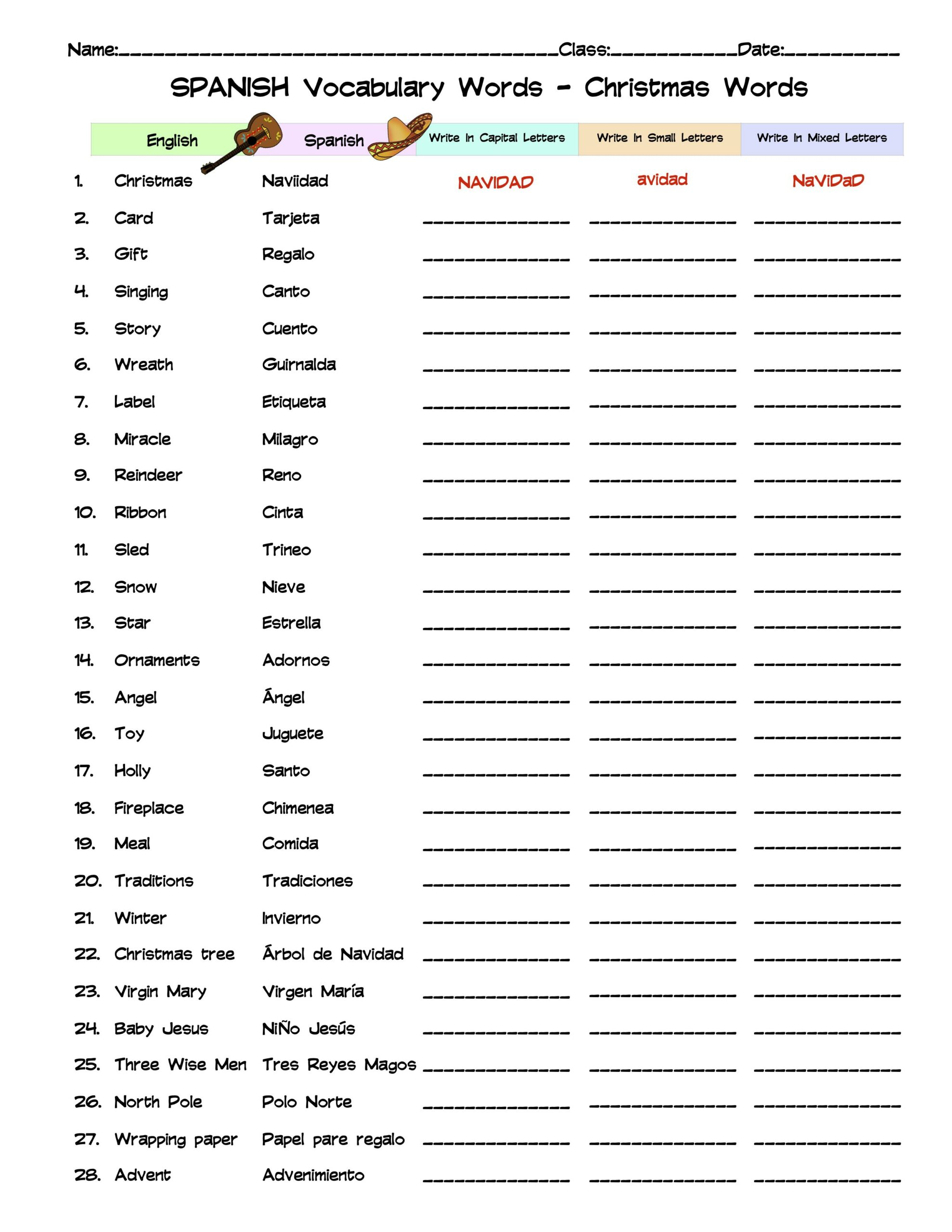 Spanish Christmas Words Vocabulary Word List Column Worksheet within Spanish Christmas Vocabulary Worksheets