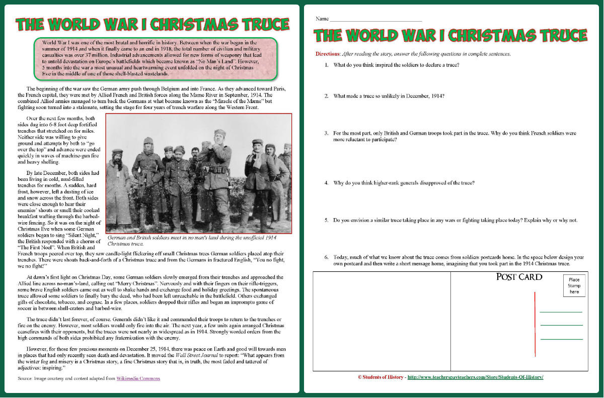 Students Of History: World War 1 Reading On Christmas Truce Lesson pertaining to Christmas Truce 1914 Worksheets