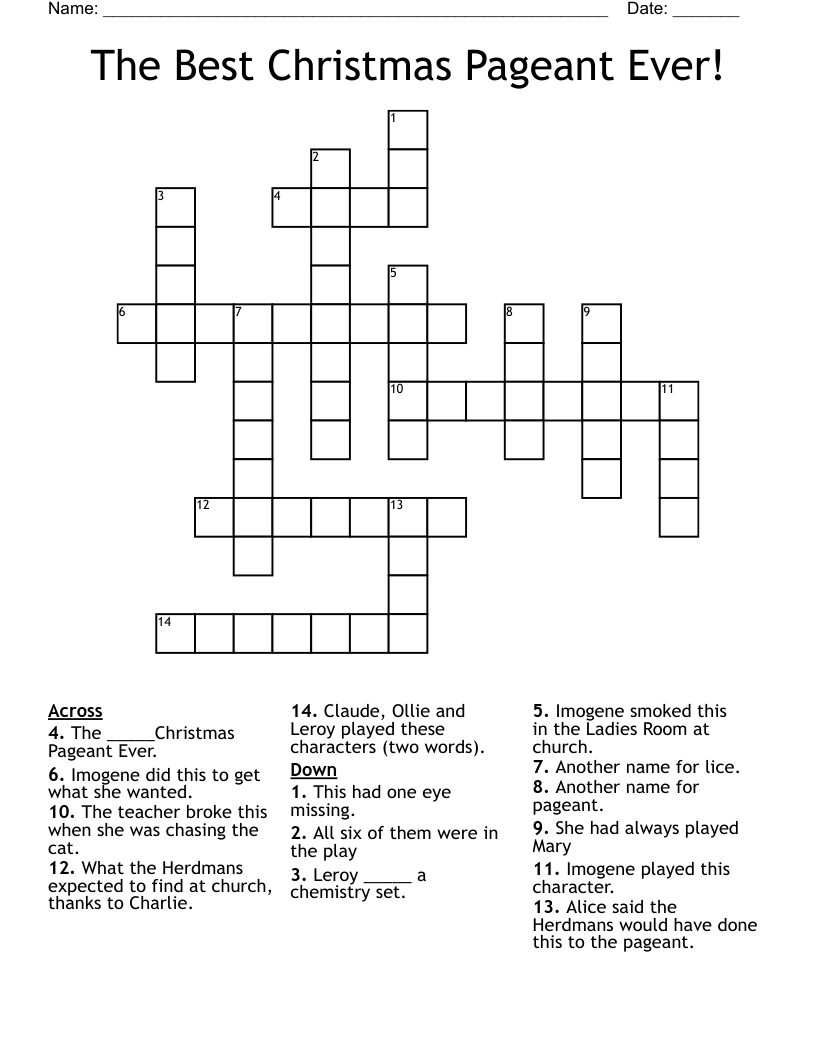 The Best Christmas Pageant Ever! Crossword - Wordmint throughout Free Worksheets For The Best Christmas Pageant Ever