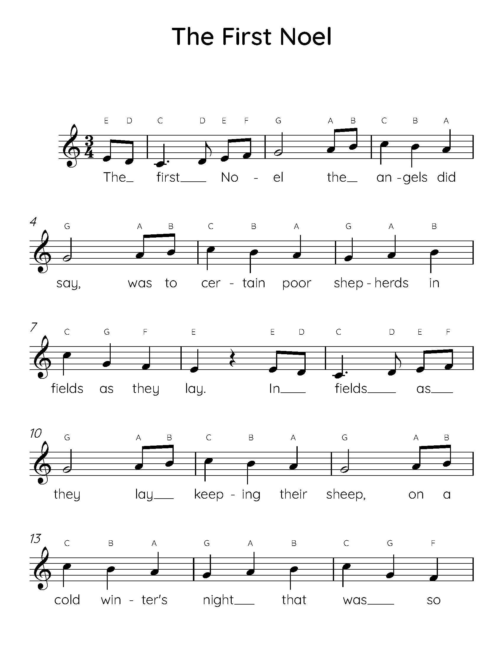 The First Noel Easy Piano Sheet Music, Kids Beginner Songs, Pdf in First Letter of Christmas Carols Worksheets