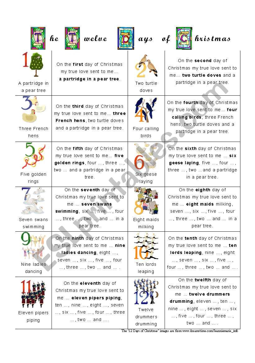 The Twelve Days Of Christmas - Esl Worksheetalien Boy within 12 Days of Christmas Worksheets Answers