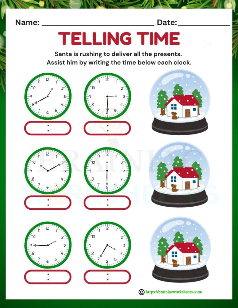 Time Telling Christmas Maths Worksheet For Class 4 - Brainiac with Christmas Telling Time Worksheets