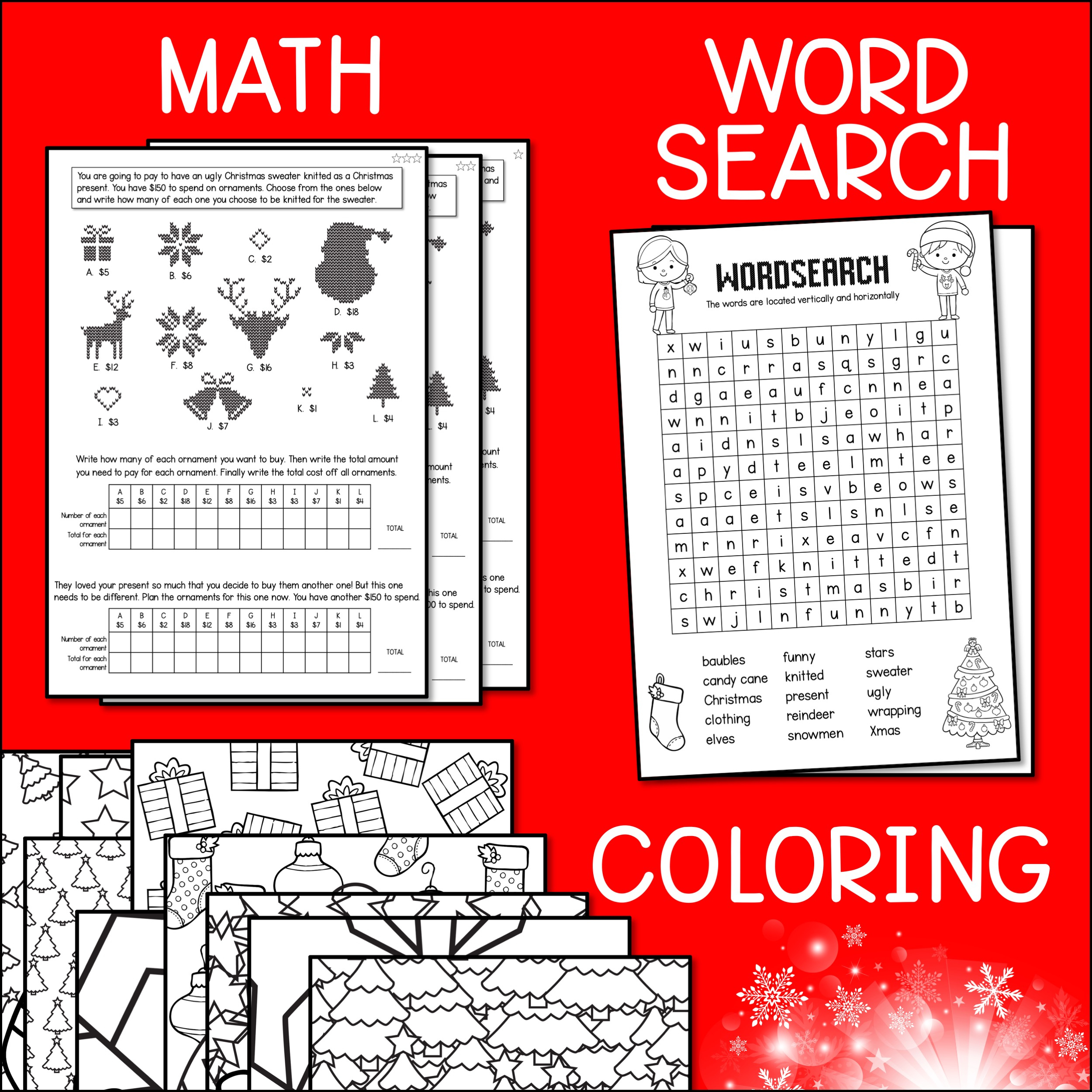 Ugly Christmas Sweater Design, Writing, Maths, Word Search & Colouring Activities - Australian Teachers Marketplace with regard to Ugly Christmas Sweater Math Worksheets
