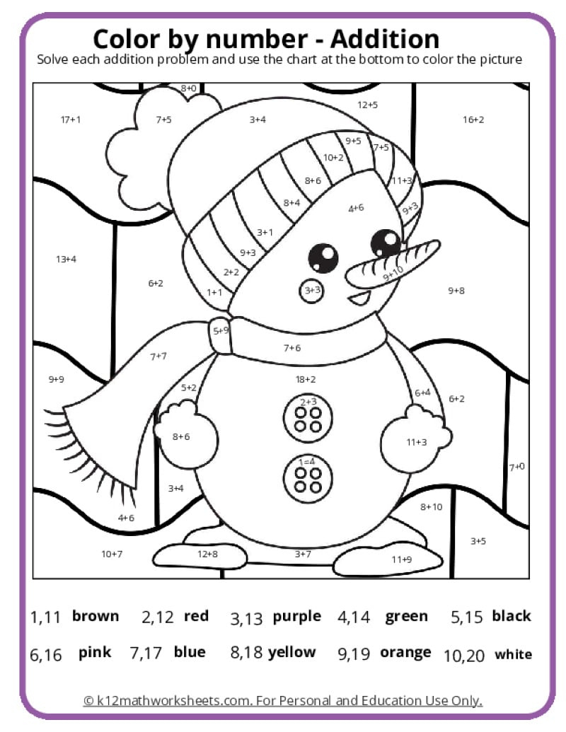 Winter Colornumber Pages - K12 Math Worksheets with regard to Christmas Math Addition Color By Number Worksheets
