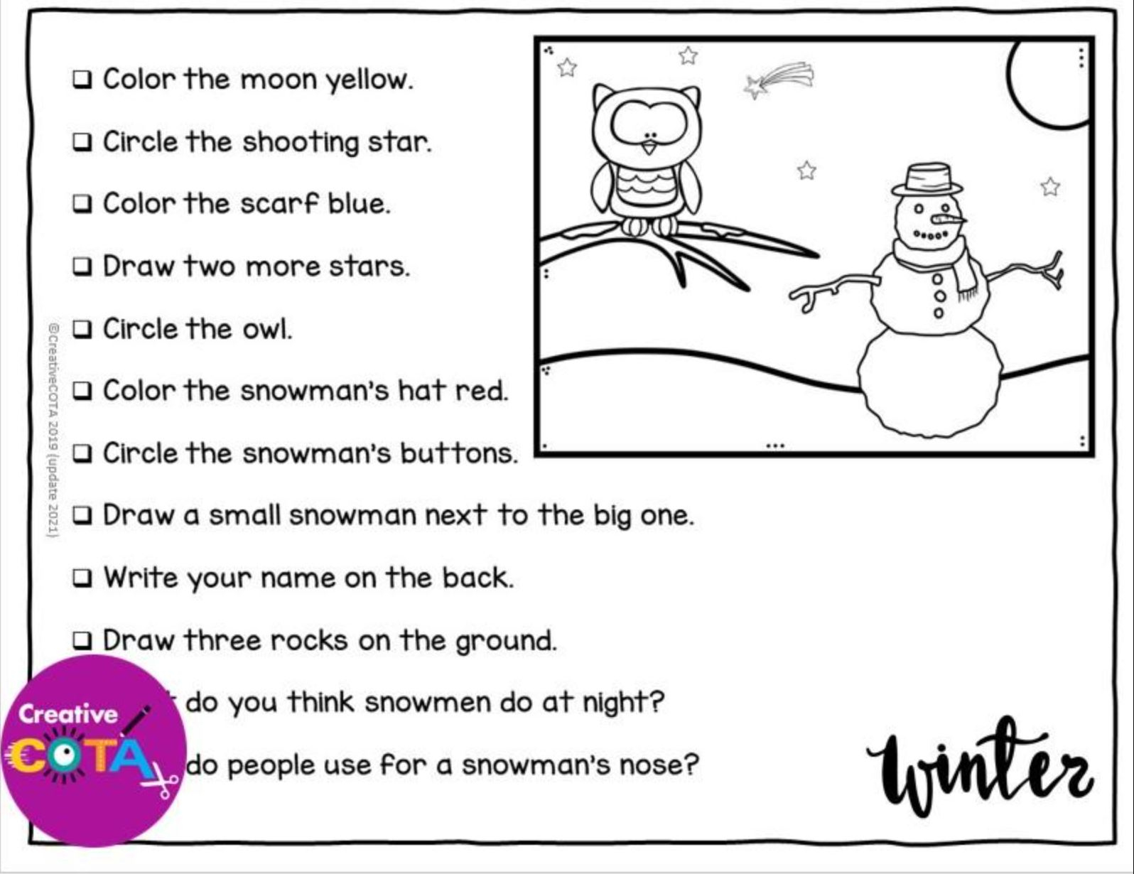 Winter Following Directions Activity - Your Therapy Source with regard to Following Directions Christmas Worksheets