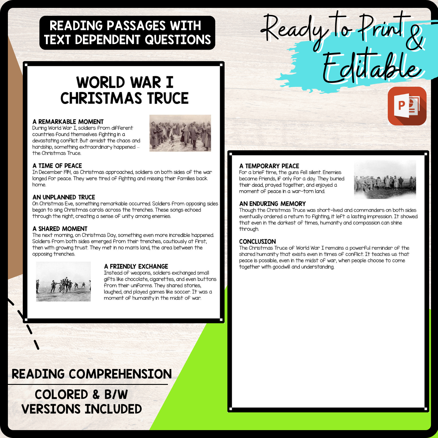 World War I Christmas Truce Reading Comprehension Worksheet within World War 1 Christmas Truce Worksheets