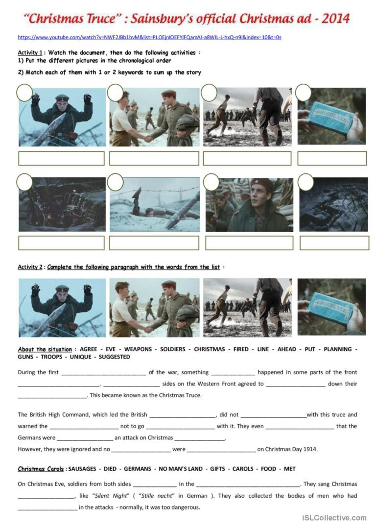 Ww1 : The Christmas Truce ( Sainbury…: English Esl Worksheets Pdf within Christmas Truce 1914 Worksheets