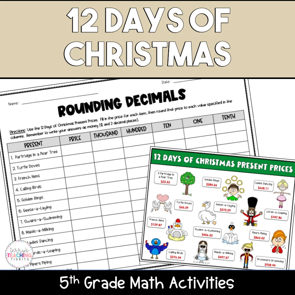 12 Days Of Christmas Printable 5th Grade Math Activities