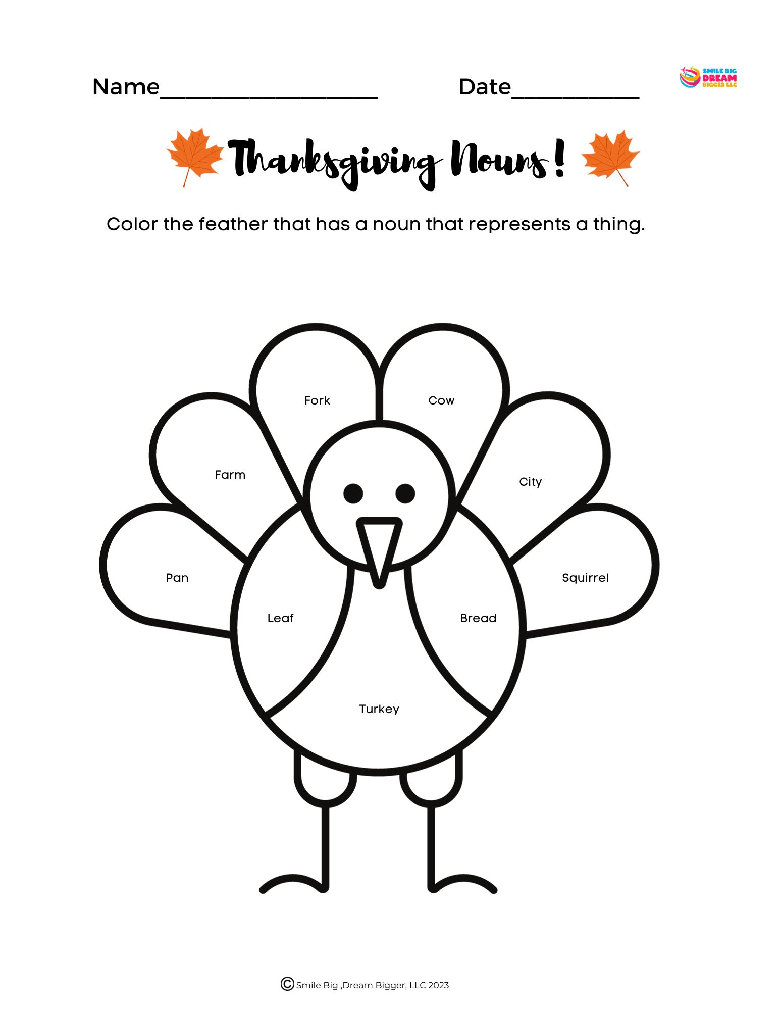 1st 2nd Grade Thanksgiving Nouns Worksheet